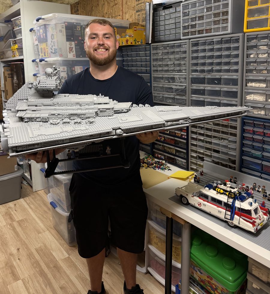 Jackson today holding a custom-built LEGO Star Destroyer